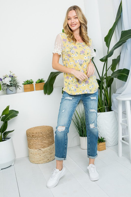 FLORAL EMBROIDERY LACE MIXED TOP