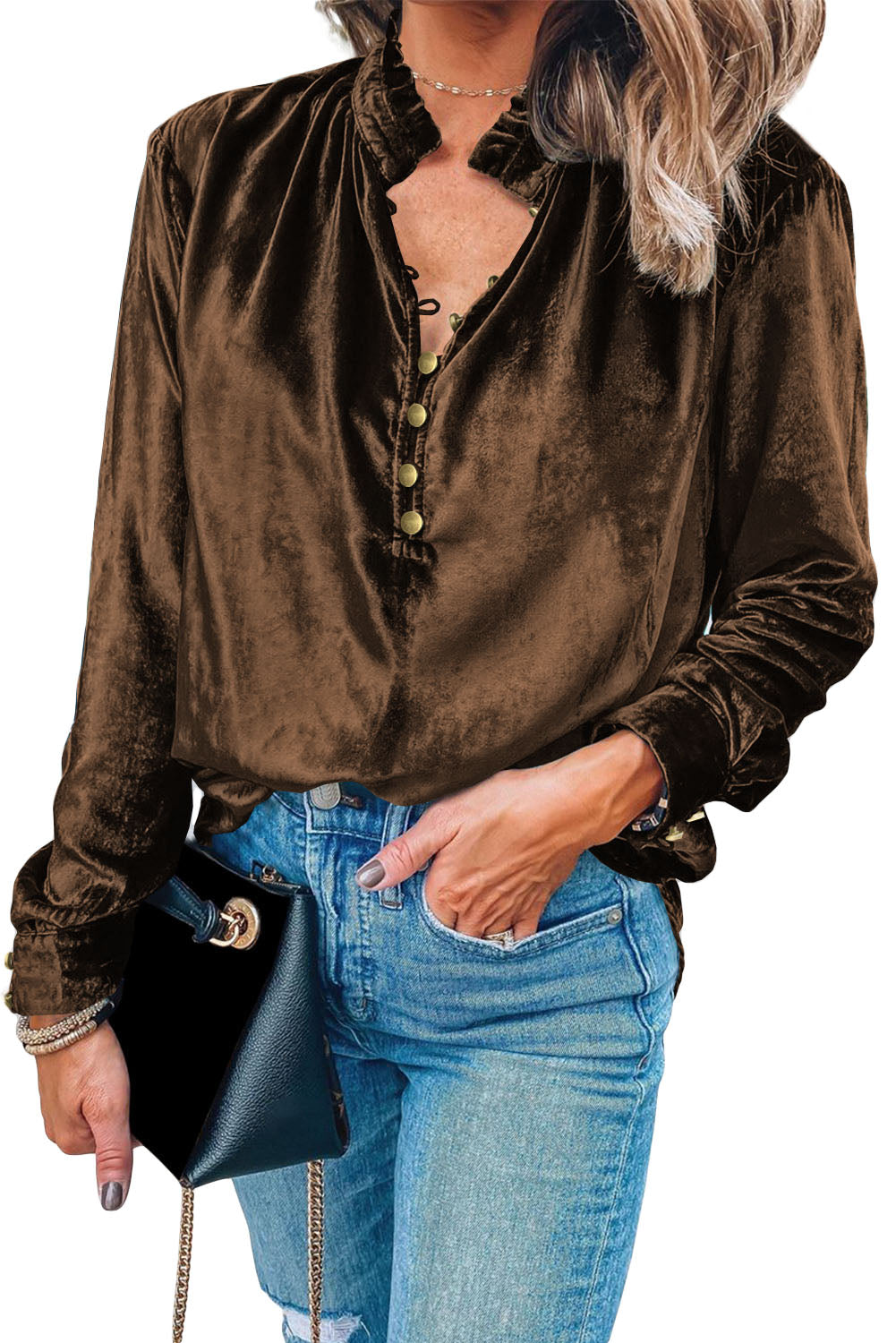 Biking Red Frilled Neck Buttoned Front Velvet Top