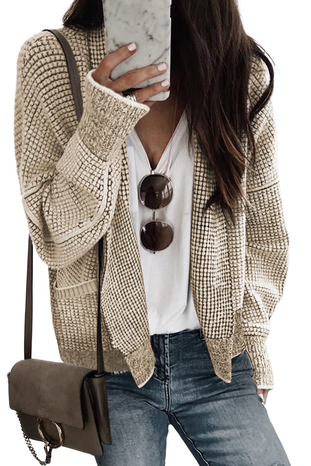 Red Chunky Waffle Knit Oversized Collar Cardigan