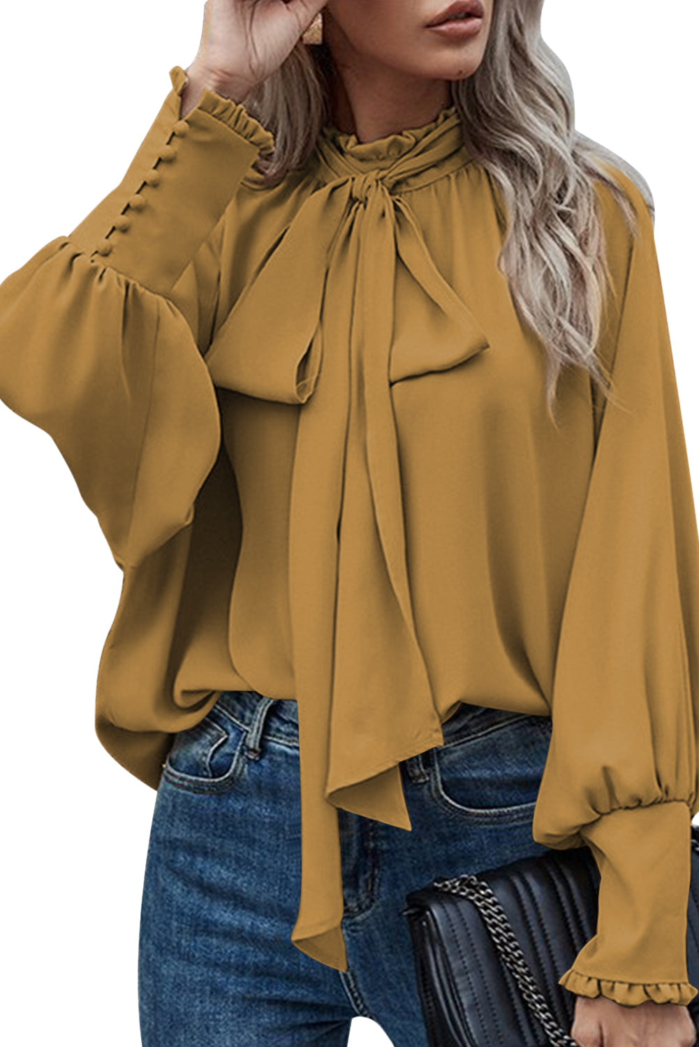 Frilled Knotted Mock Neck Bishop Sleeve Blouse