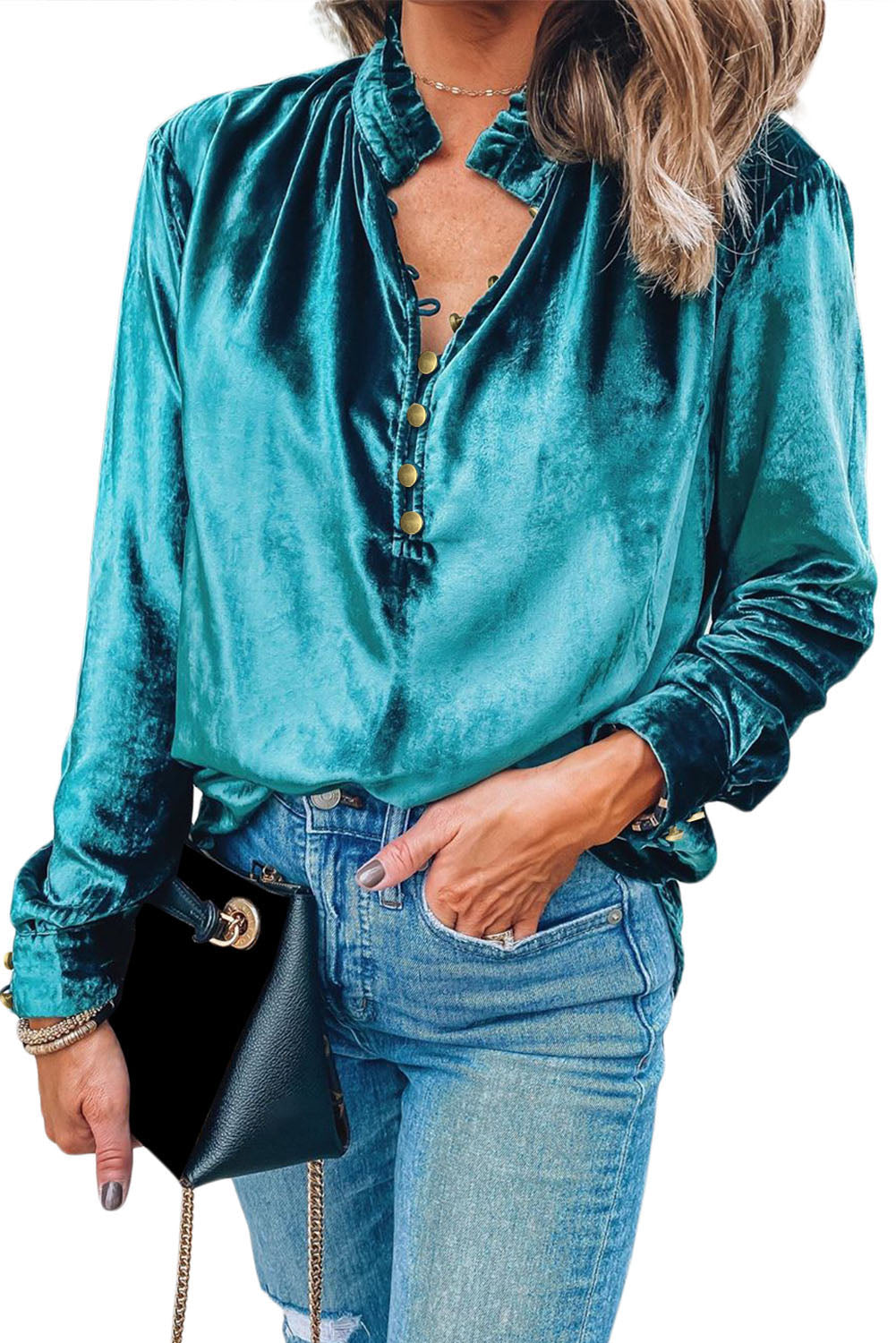 Biking Red Frilled Neck Buttoned Front Velvet Top
