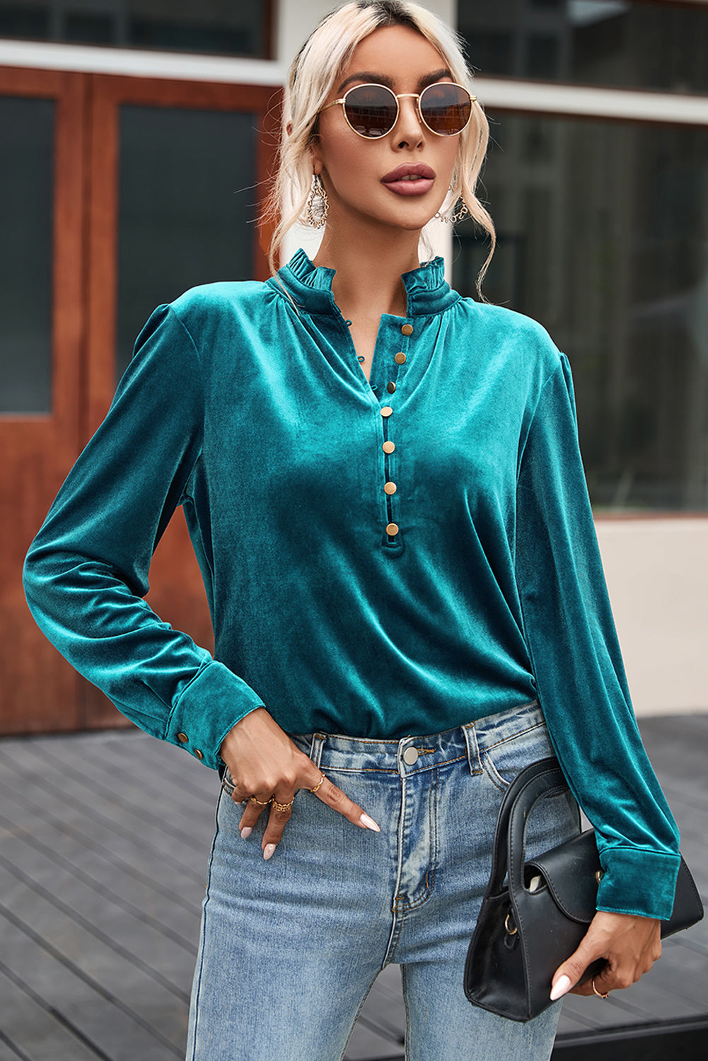Biking Red Frilled Neck Buttoned Front Velvet Top
