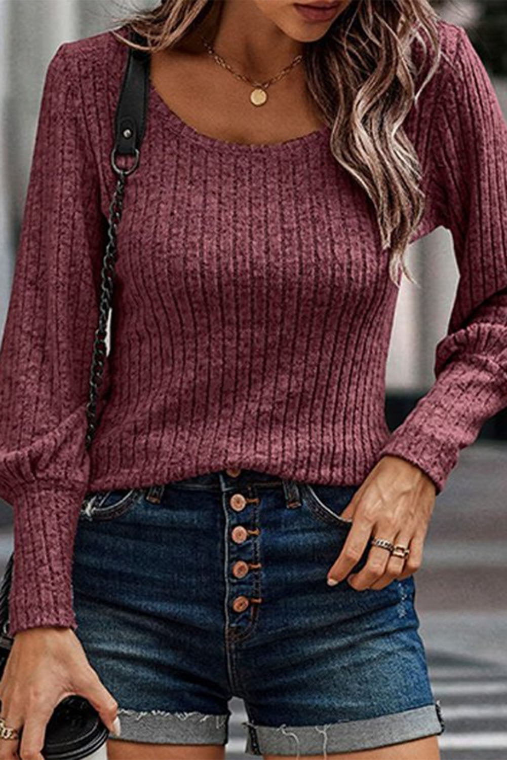 Camel Ribbed Bishop Sleeve Round Neck Top