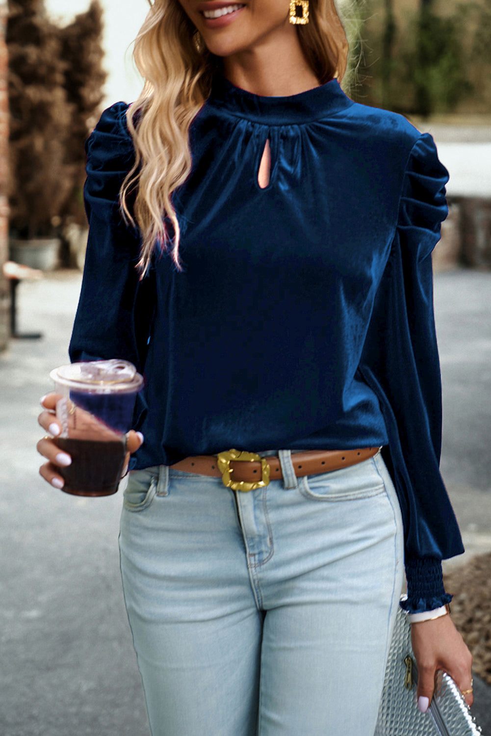 Red Mock Neck Puff Sleeve Velvet Blouse