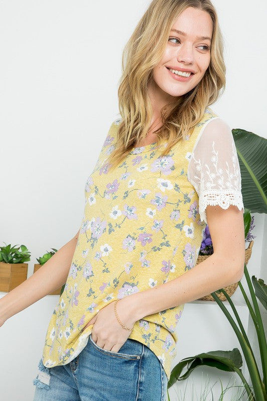 FLORAL EMBROIDERY LACE MIXED TOP