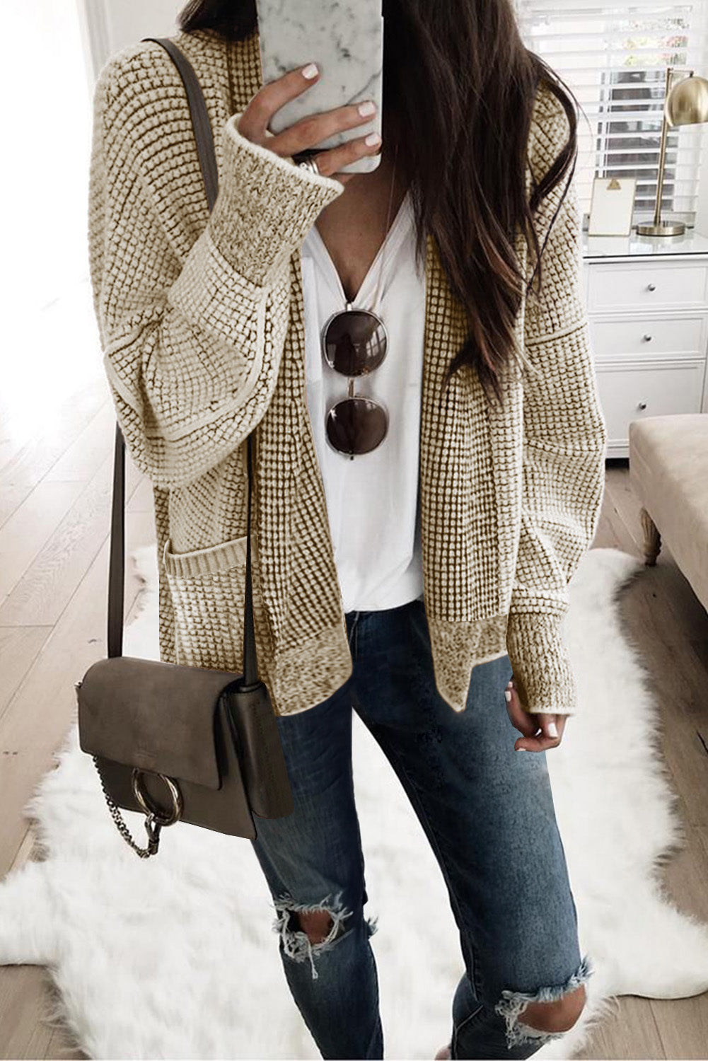 Red Chunky Waffle Knit Oversized Collar Cardigan