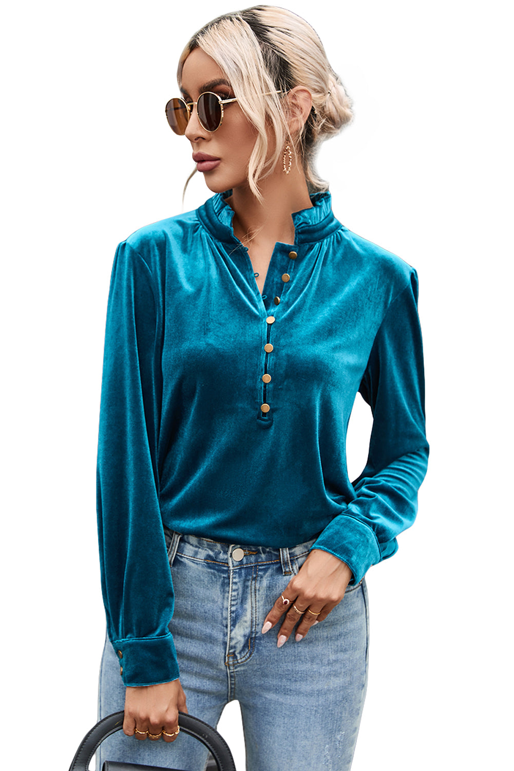 Biking Red Frilled Neck Buttoned Front Velvet Top