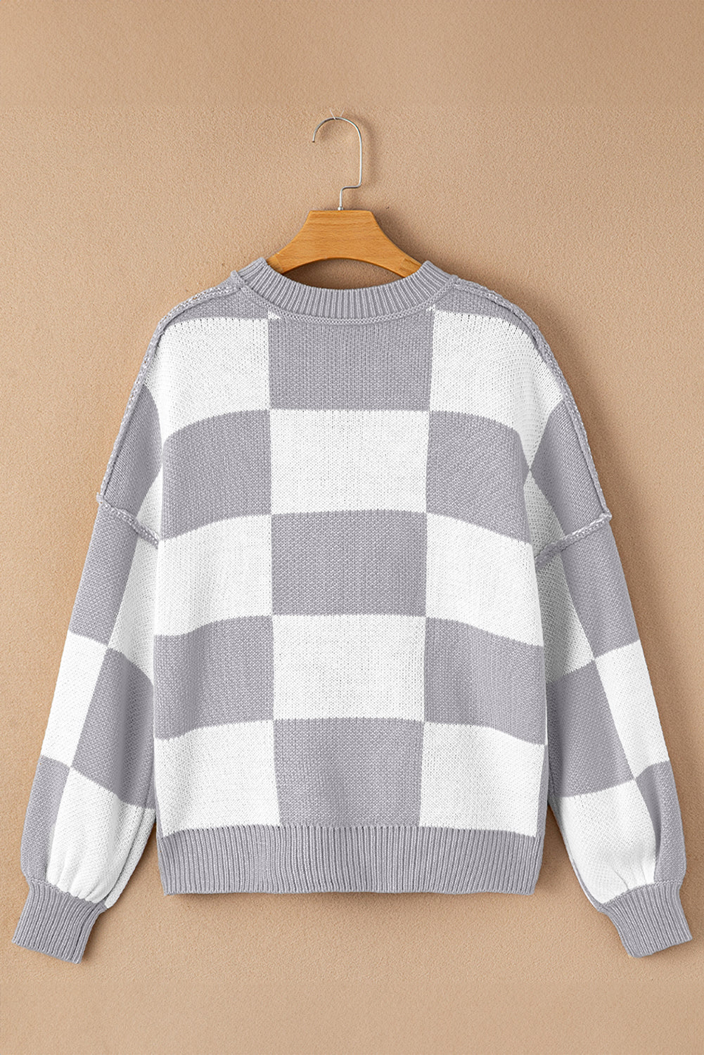 Khaki Checkered Bishop Sleeve Sweater
