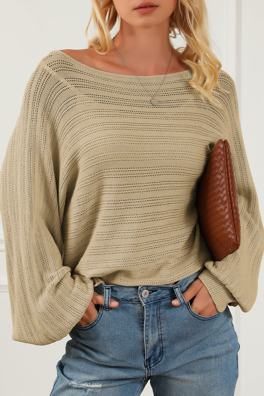 Black Lantern Sleeve Eyelets Textured Knit Sweater