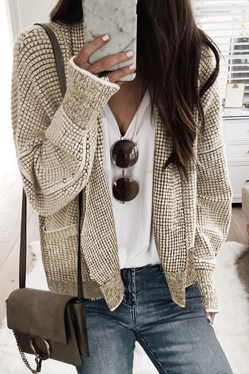 Red Chunky Waffle Knit Oversized Collar Cardigan
