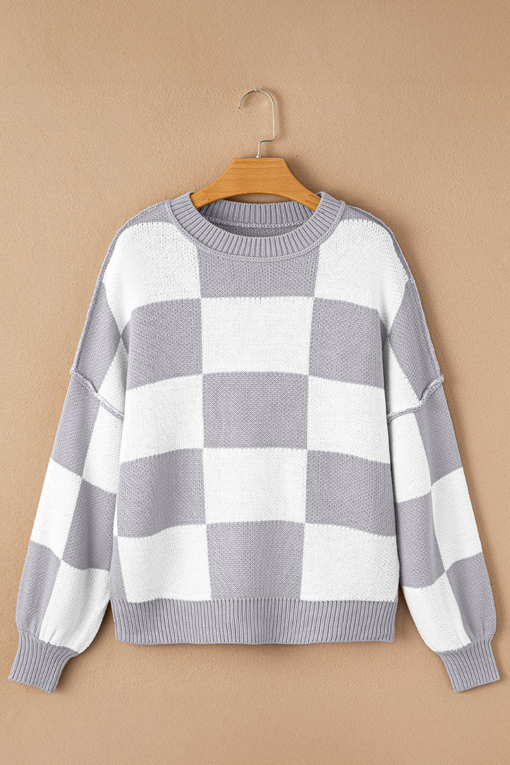 Khaki Checkered Bishop Sleeve Sweater