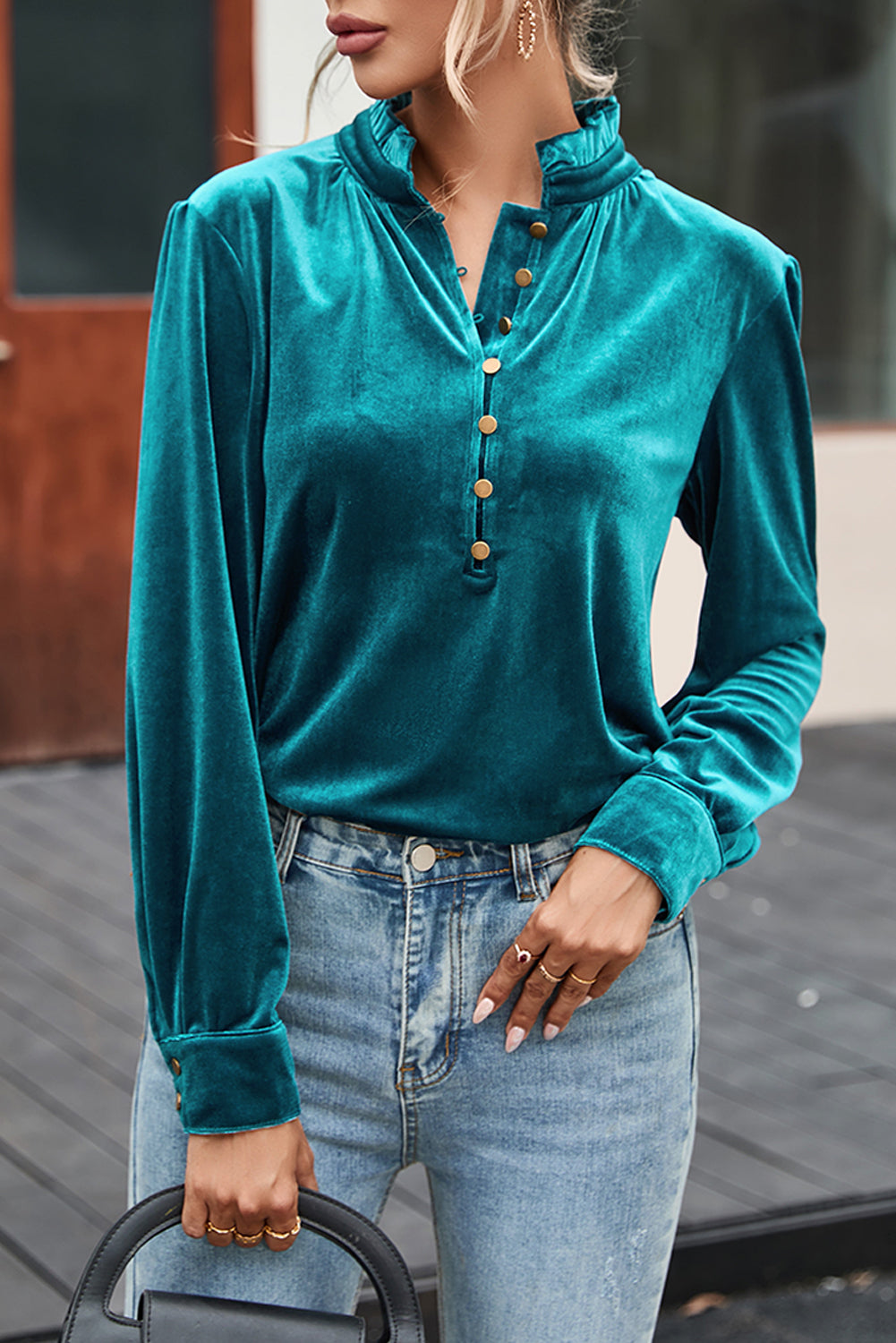 Biking Red Frilled Neck Buttoned Front Velvet Top