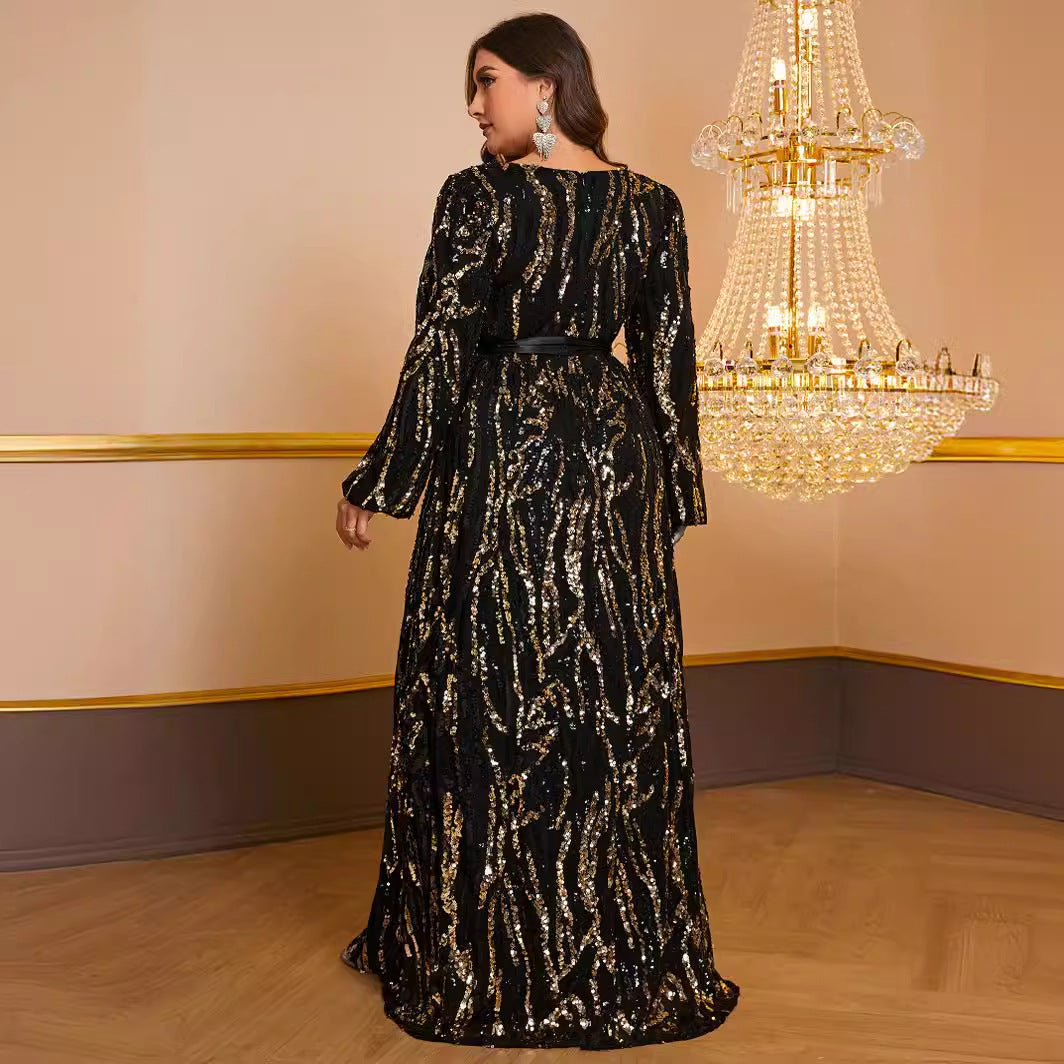 Plus Size Women Prom Party Dress Sequined Cross V neck Long Sleeve Dress Including Belt