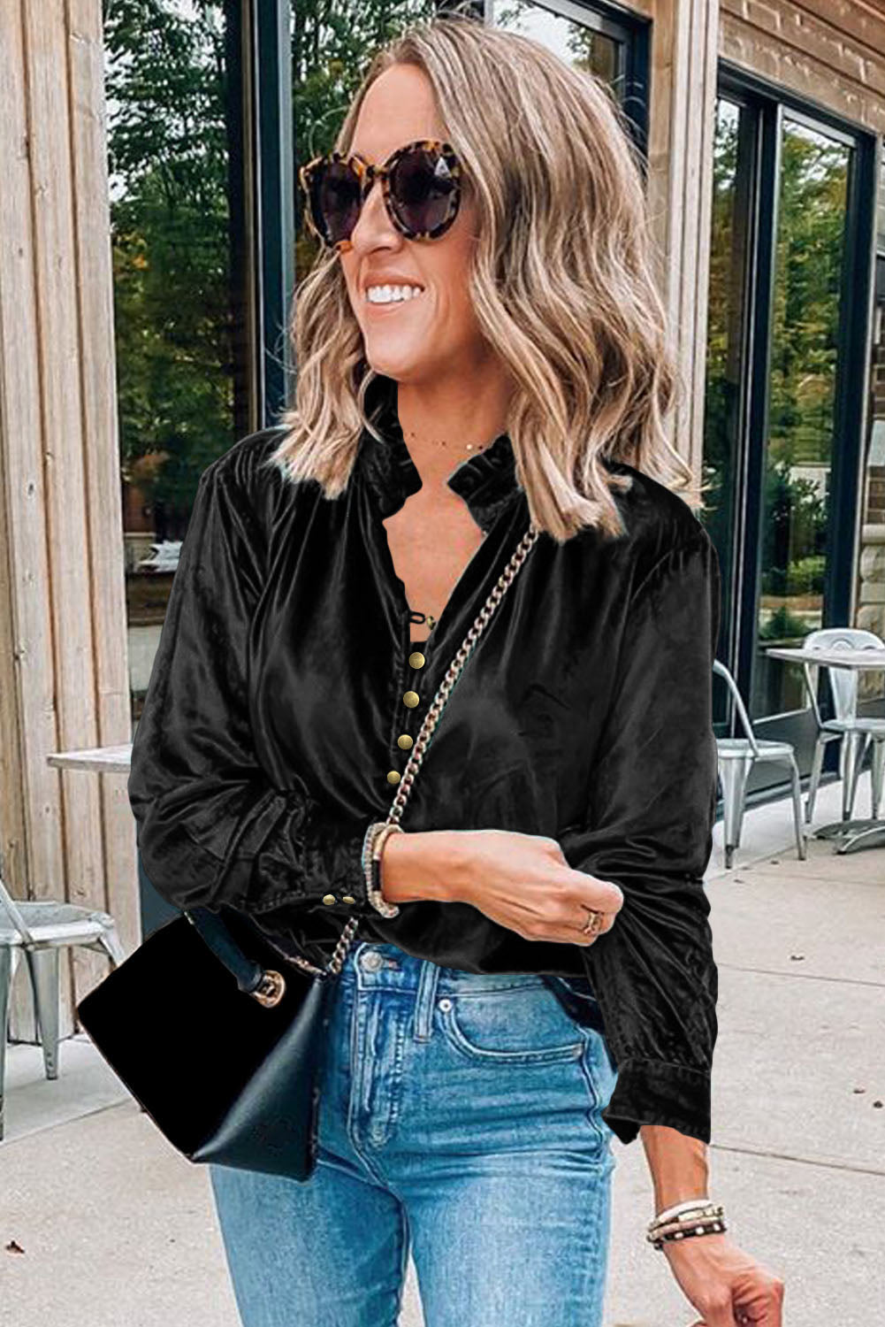 Biking Red Frilled Neck Buttoned Front Velvet Top