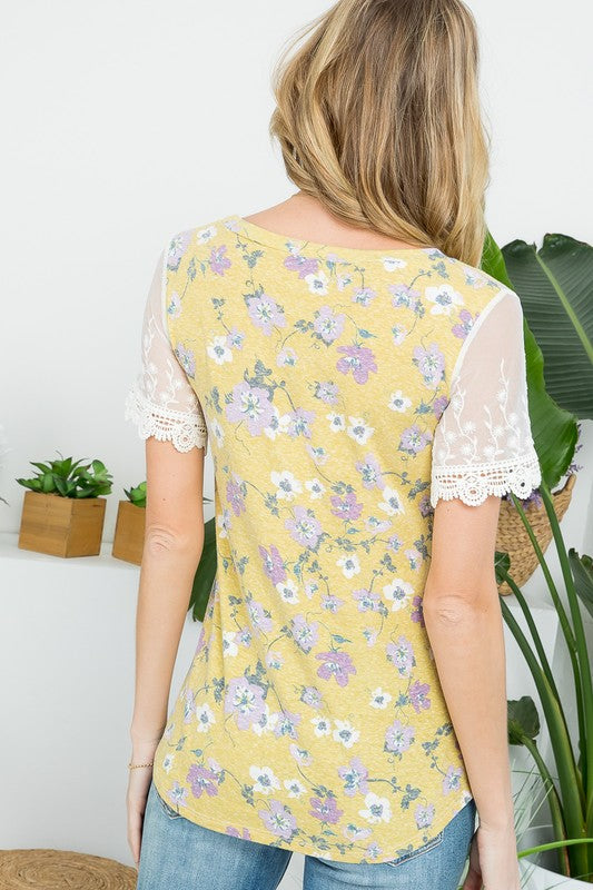 FLORAL EMBROIDERY LACE MIXED TOP