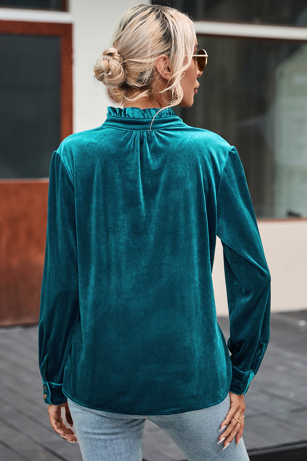 Biking Red Frilled Neck Buttoned Front Velvet Top