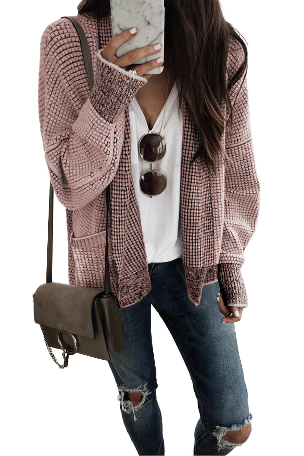 Red Chunky Waffle Knit Oversized Collar Cardigan