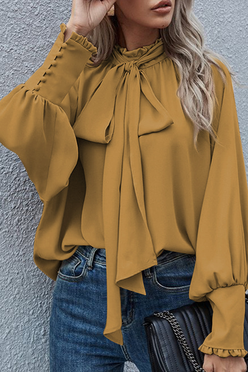 Frilled Knotted Mock Neck Bishop Sleeve Blouse