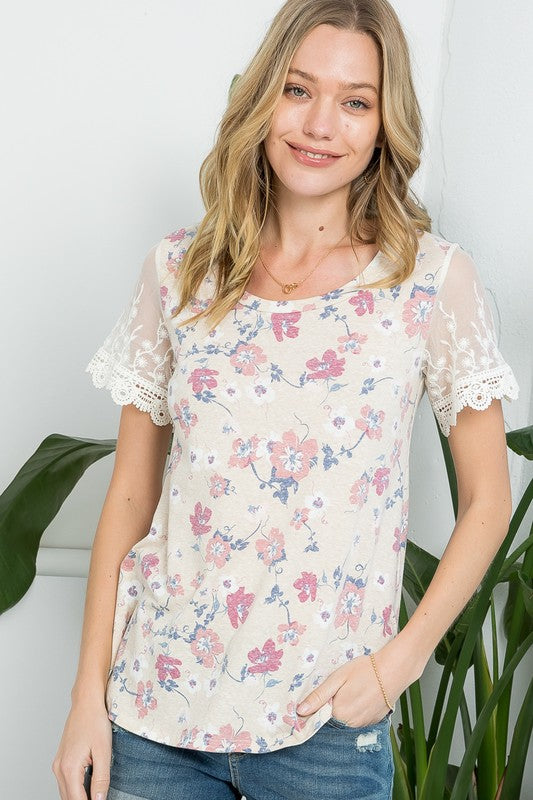 FLORAL EMBROIDERY LACE MIXED TOP