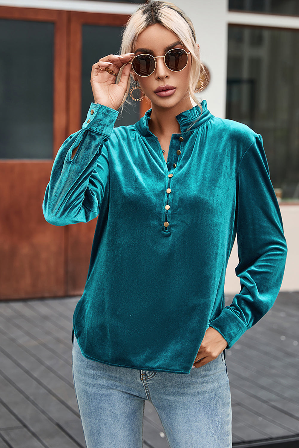 Biking Red Frilled Neck Buttoned Front Velvet Top