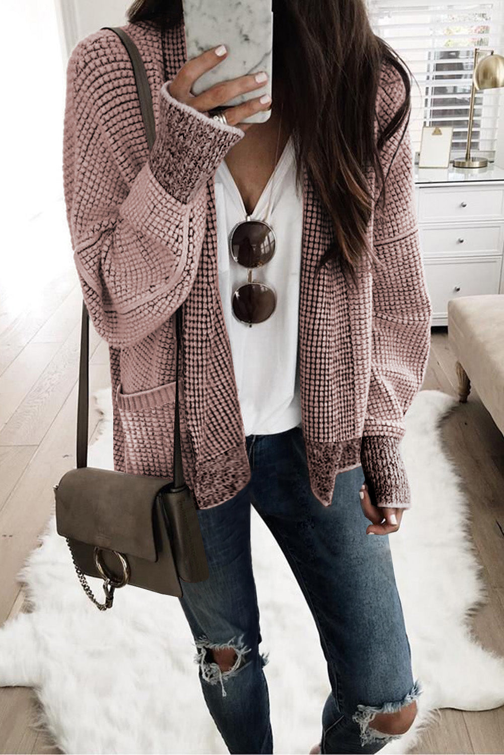 Red Chunky Waffle Knit Oversized Collar Cardigan
