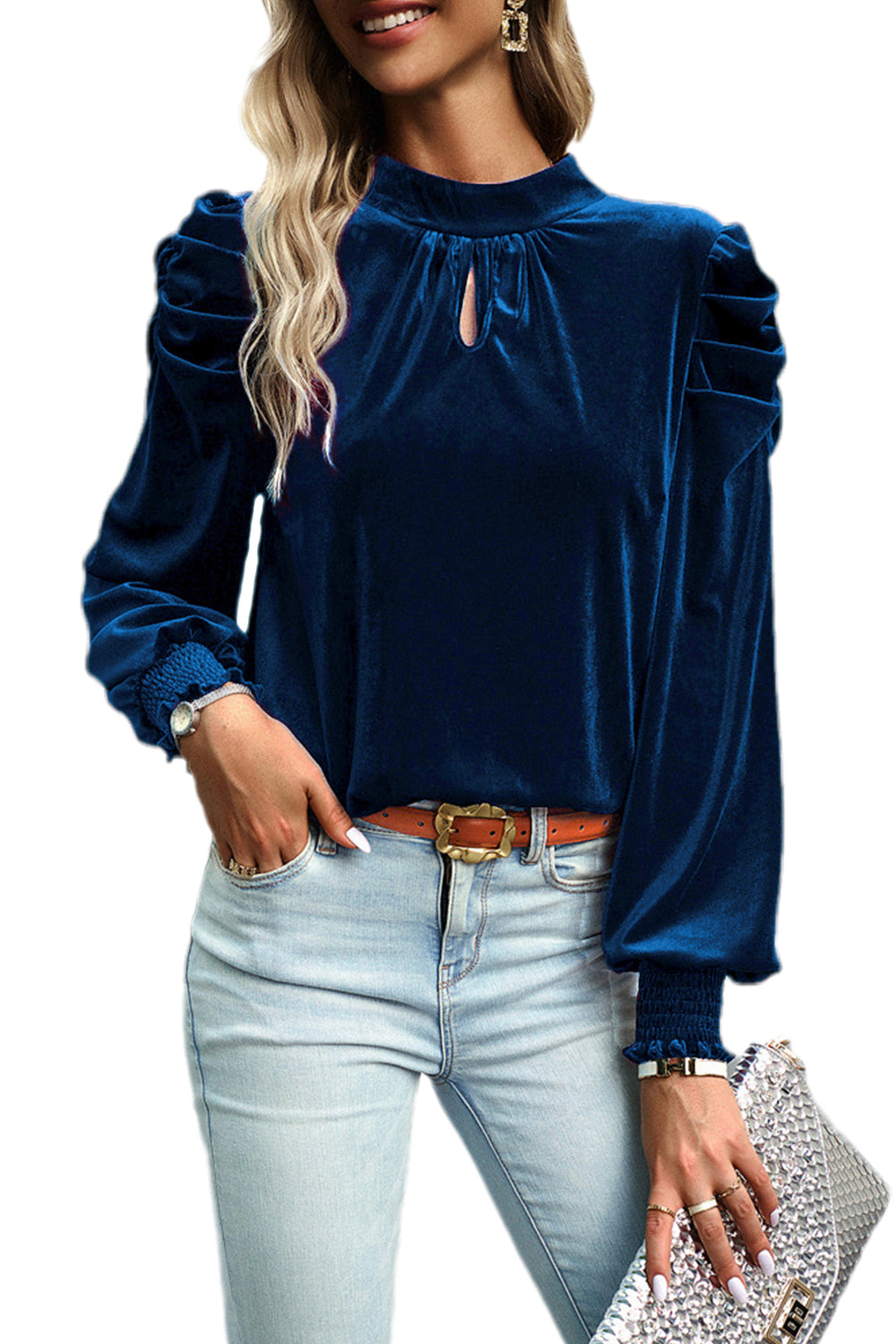 Red Mock Neck Puff Sleeve Velvet Blouse