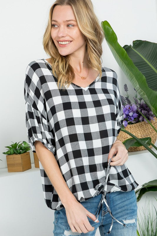 CHECKER PLAID CASUAL BLOUSE TOP