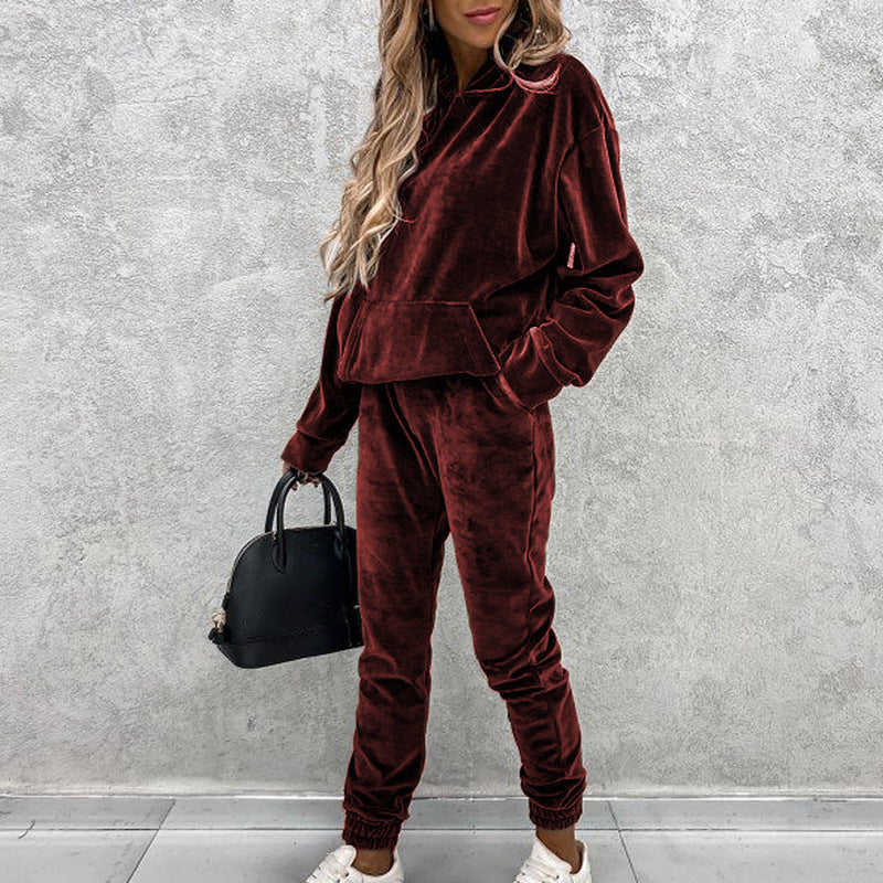 Velvet Hoodie Top And Pants Set