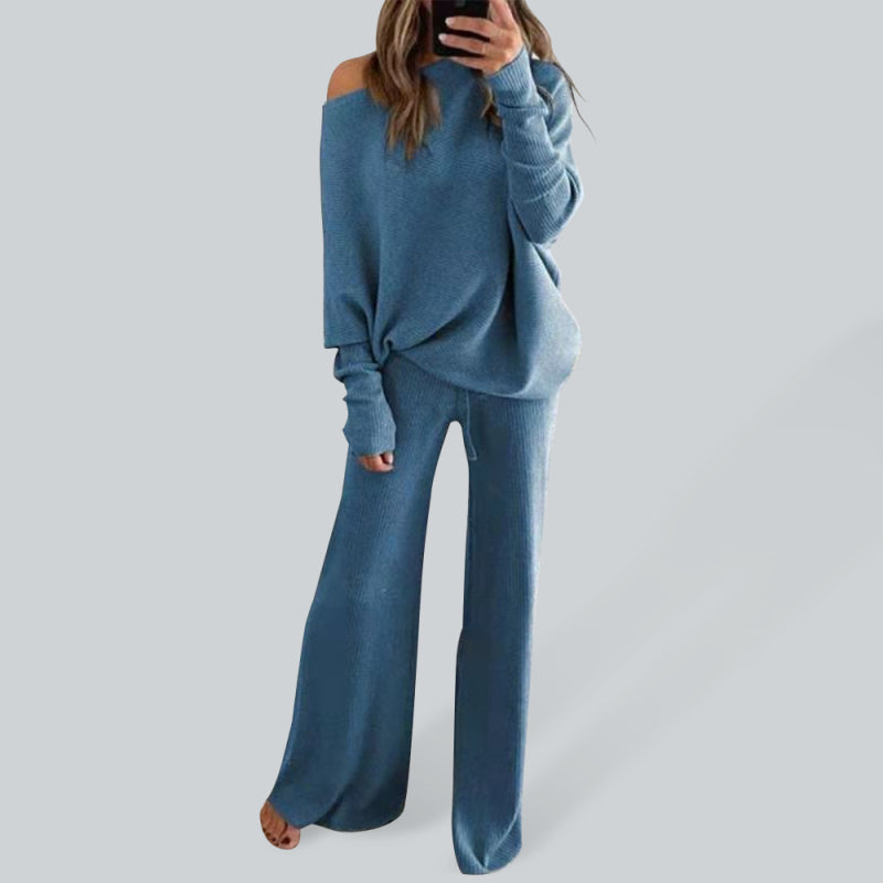Off The Shoulder Ribbed Wide Legs Pants Sweater Set