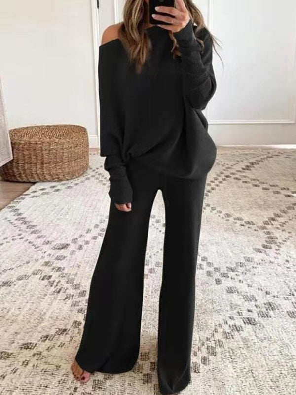 Off The Shoulder Ribbed Wide Legs Pants Sweater Set