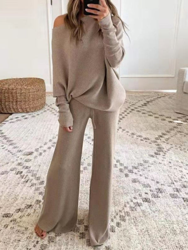 Off The Shoulder Ribbed Wide Legs Pants Sweater Set