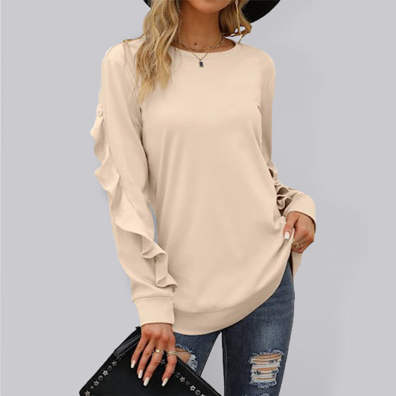 Round Neck Sweater Pleated Top