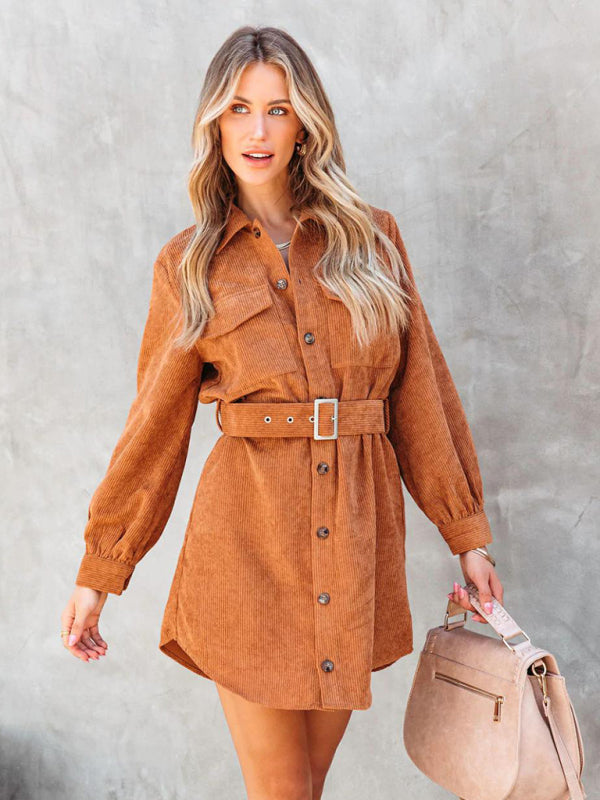 Belted Long-sleeve Cotton Corduroy Shirtdress