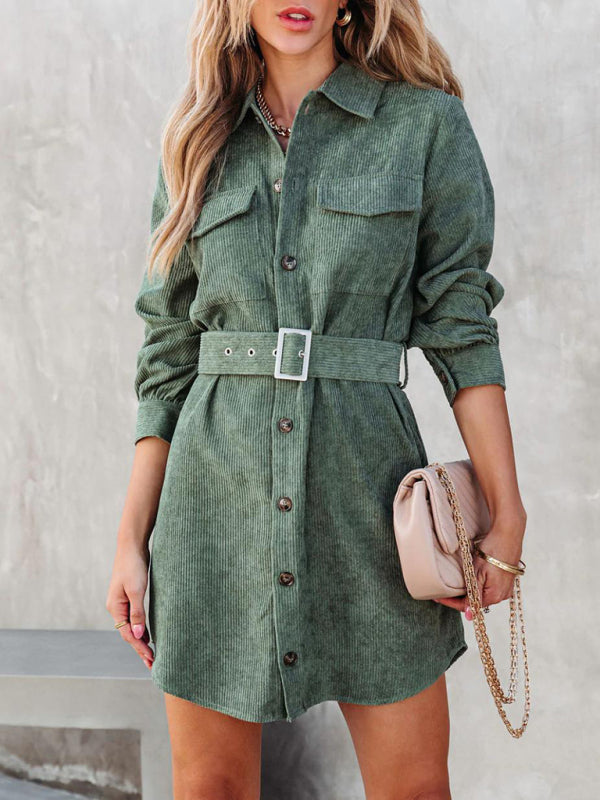 Belted Long-sleeve Cotton Corduroy Shirtdress