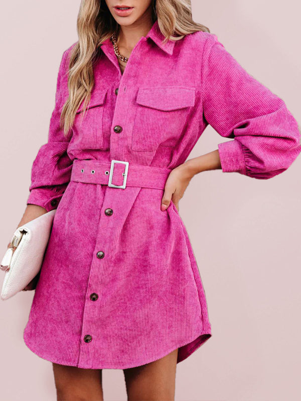 Belted Long-sleeve Cotton Corduroy Shirtdress