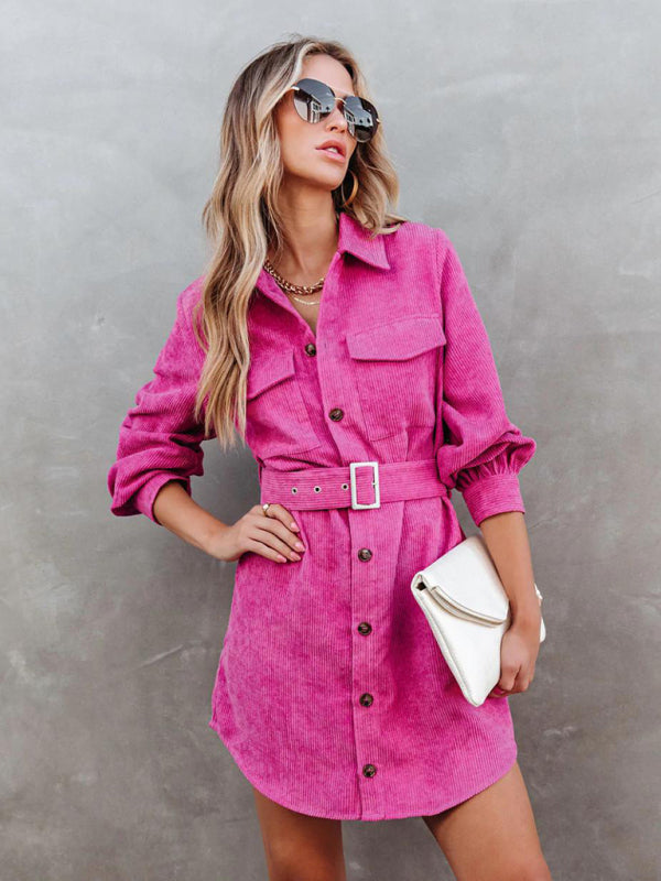 Belted Long-sleeve Cotton Corduroy Shirtdress