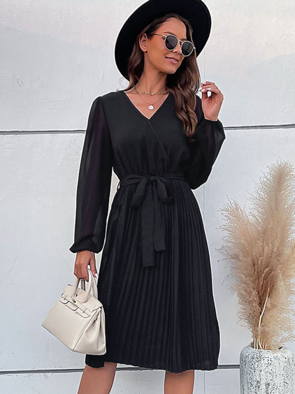 Pleated Long Sleeve Faux Wrap Dress