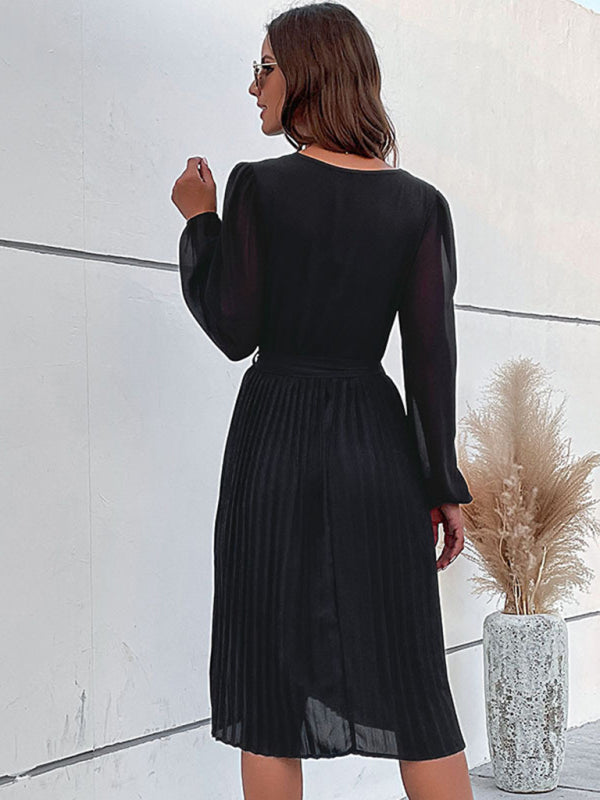 Pleated Long Sleeve Faux Wrap Dress