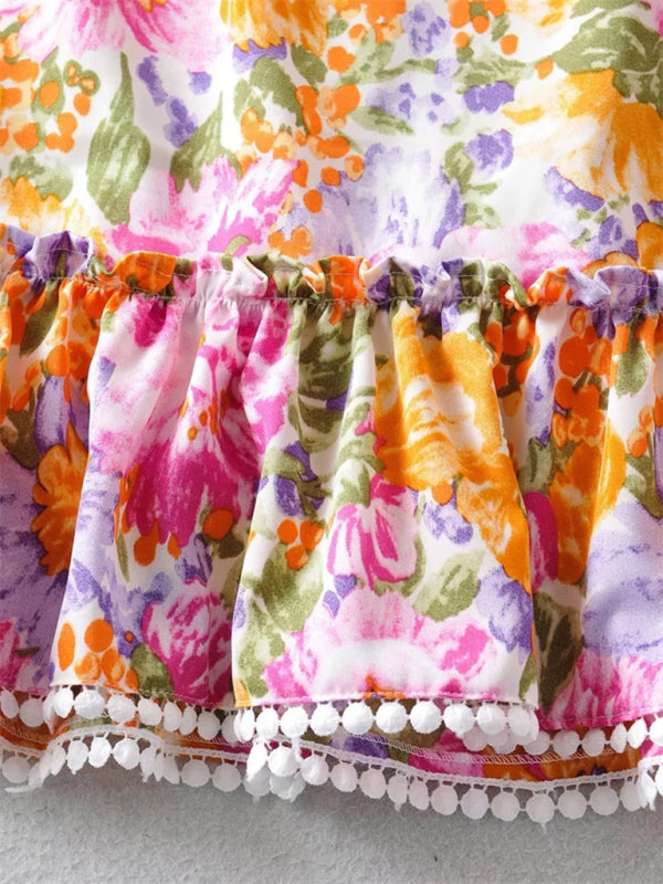 Sexy backless dress popular ruffled print A-line skirt
