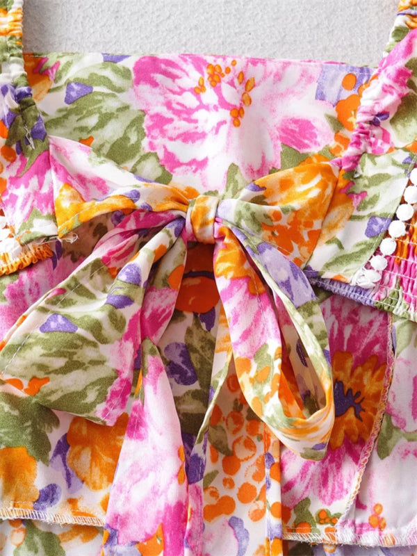 Sexy backless dress popular ruffled print A-line skirt