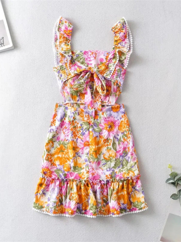 Sexy backless dress popular ruffled print A-line skirt