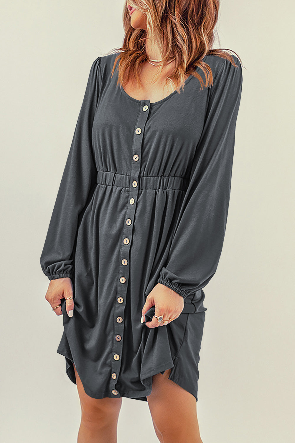 Button Up High Waist Long Sleeve Dress