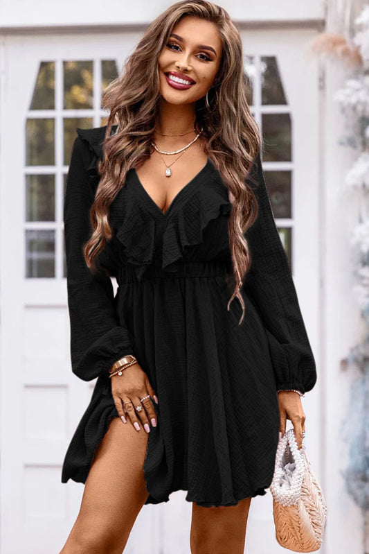 Black Textured Ruffled V Neck High Waist Mini Dress