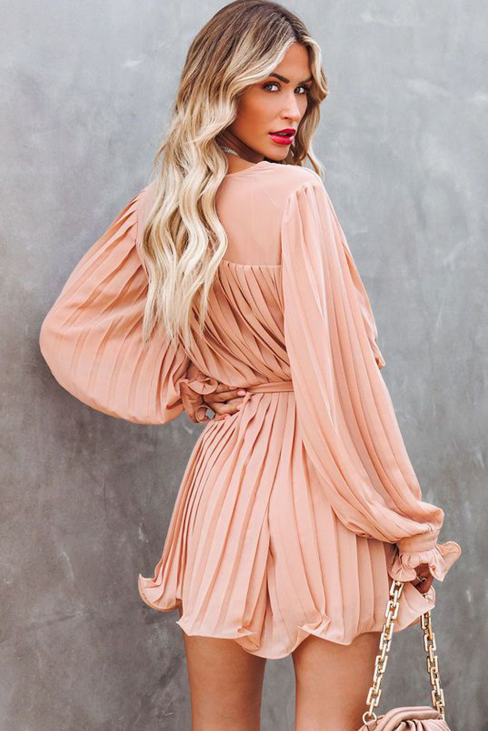 Pleated Ruffled Tie Waist Buttons V Neck Romper