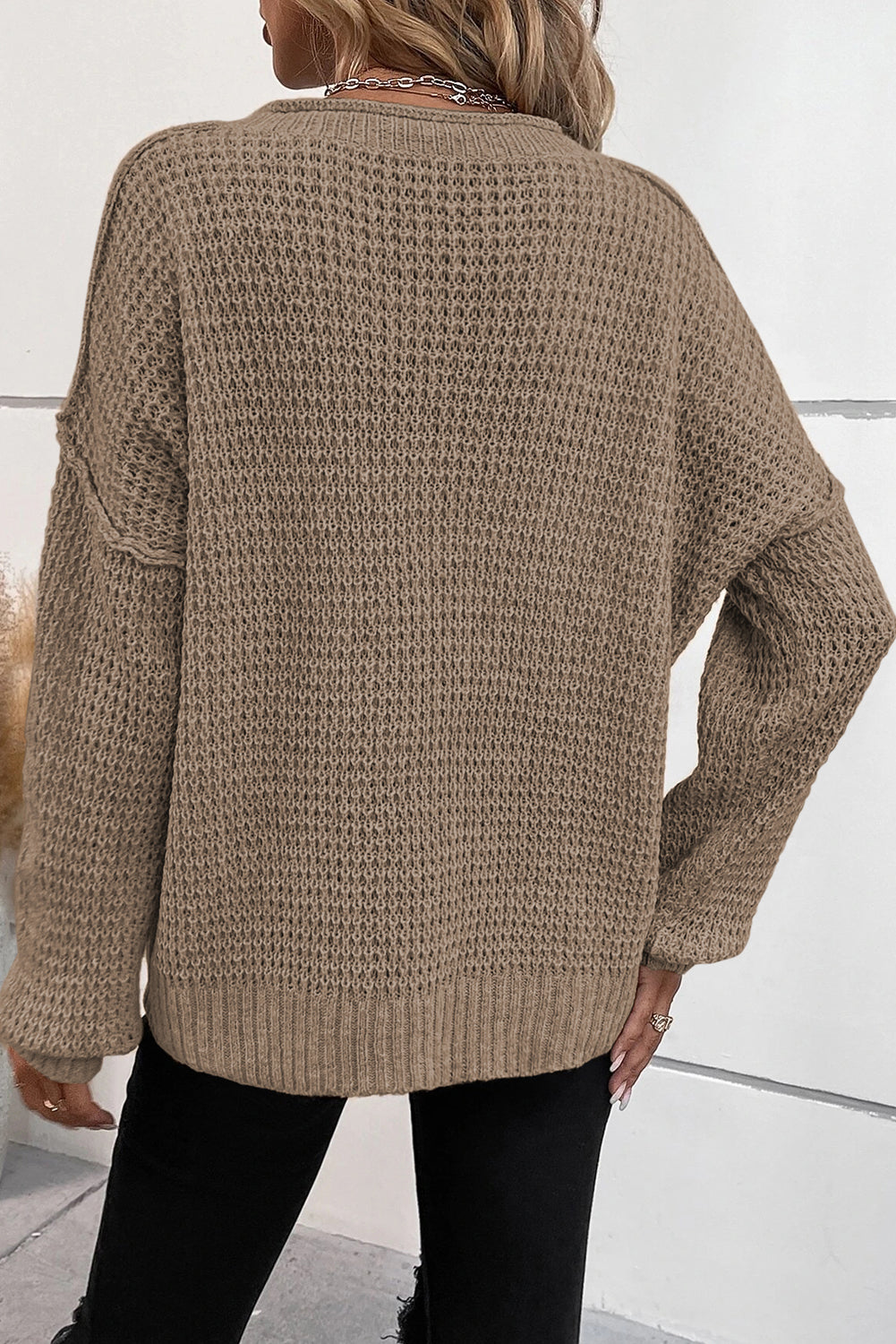 Pointelle Knit Button V Neck Drop Shoulder Sweater