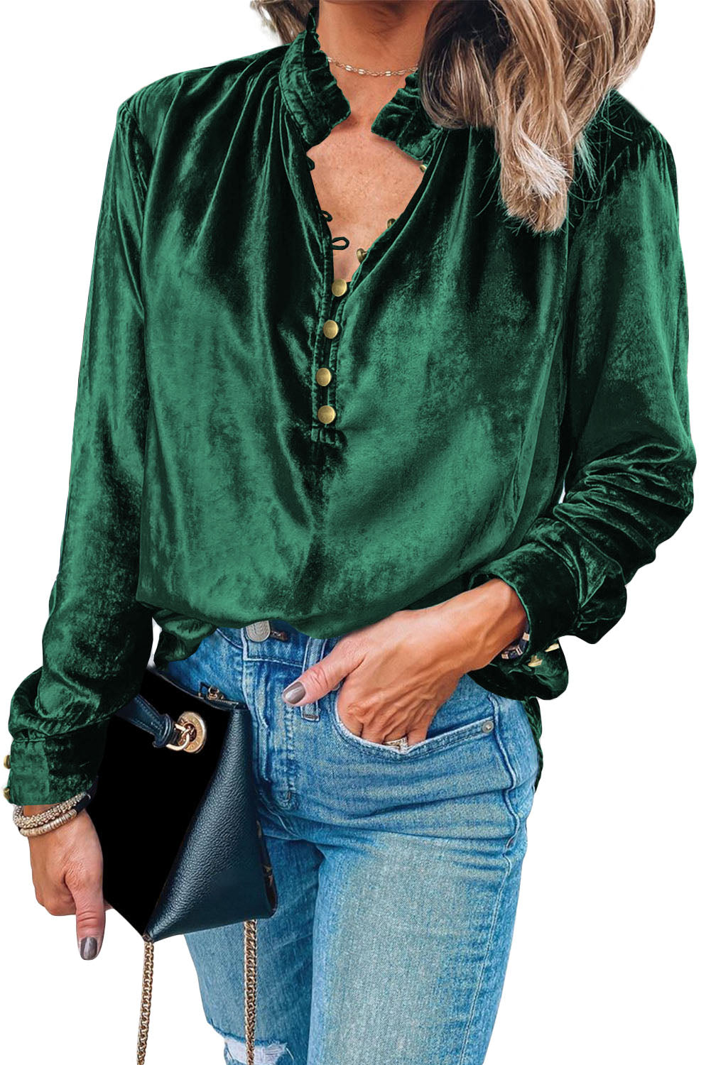 Biking Red Frilled Neck Buttoned Front Velvet Top