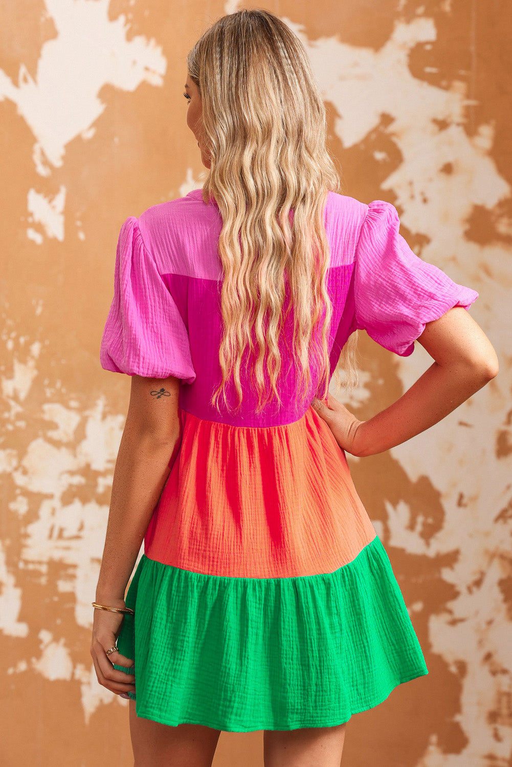 Multicolor Color Block Tiered Puff Sleeve Dress