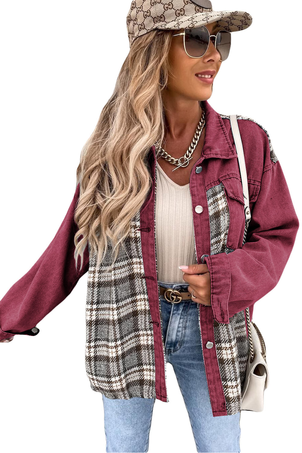 Plaid Patchwork Pockets Denim Jacket