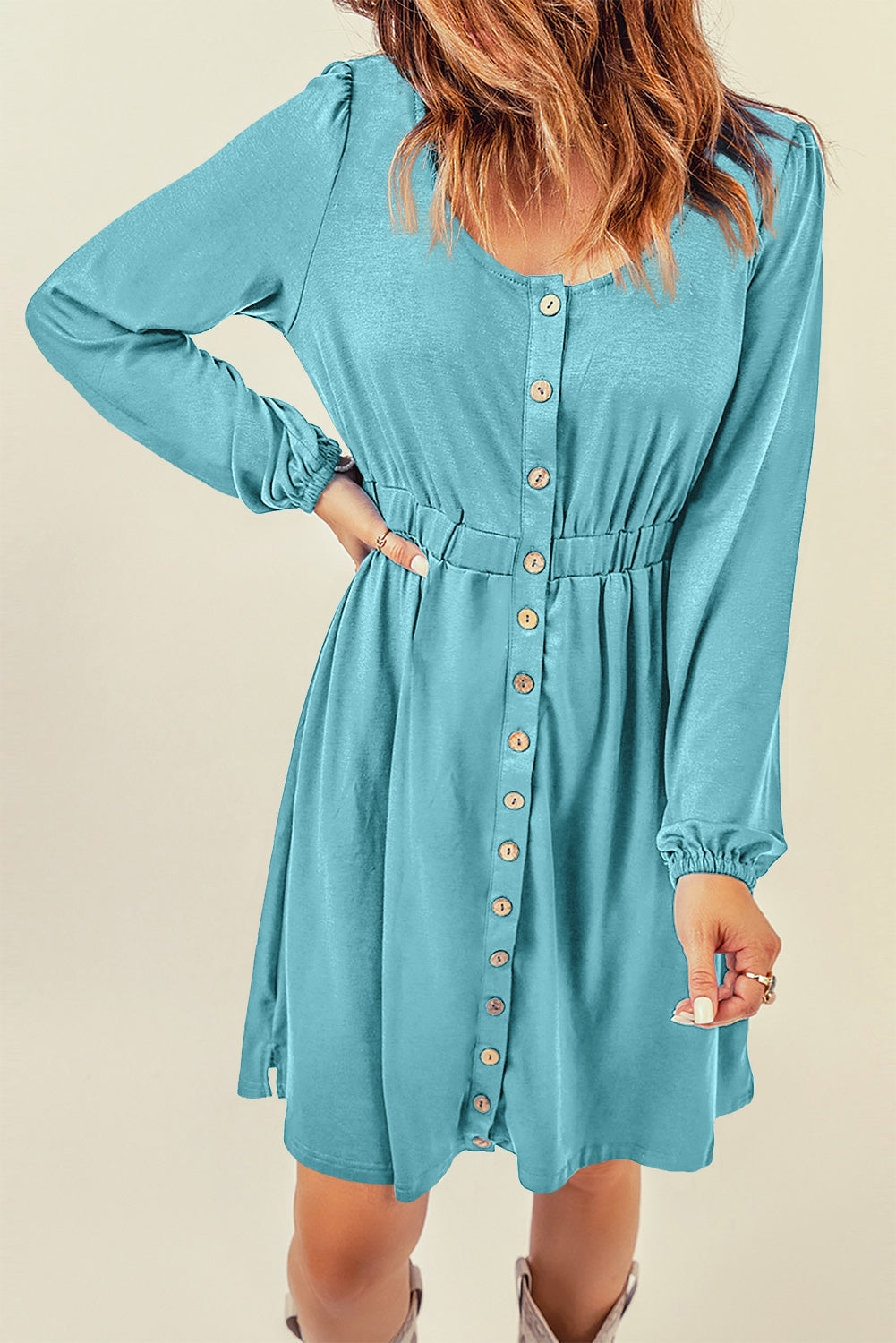 Button Up High Waist Long Sleeve Dress