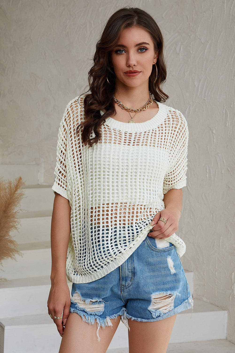 Apricot Fishnet Knit Ribbed Round Neck Short Sleeve Sweater Tee